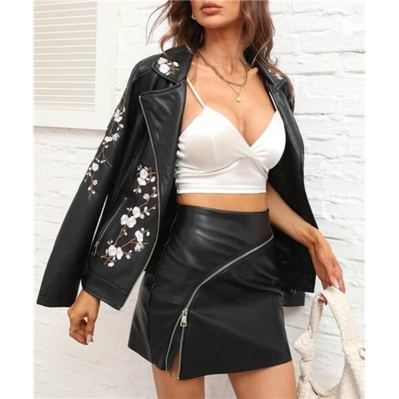 Jackets & Blazers - Black Floral Embroidered Faux Leather Jacket Motorcycle Biker Bomber Coat Jacket